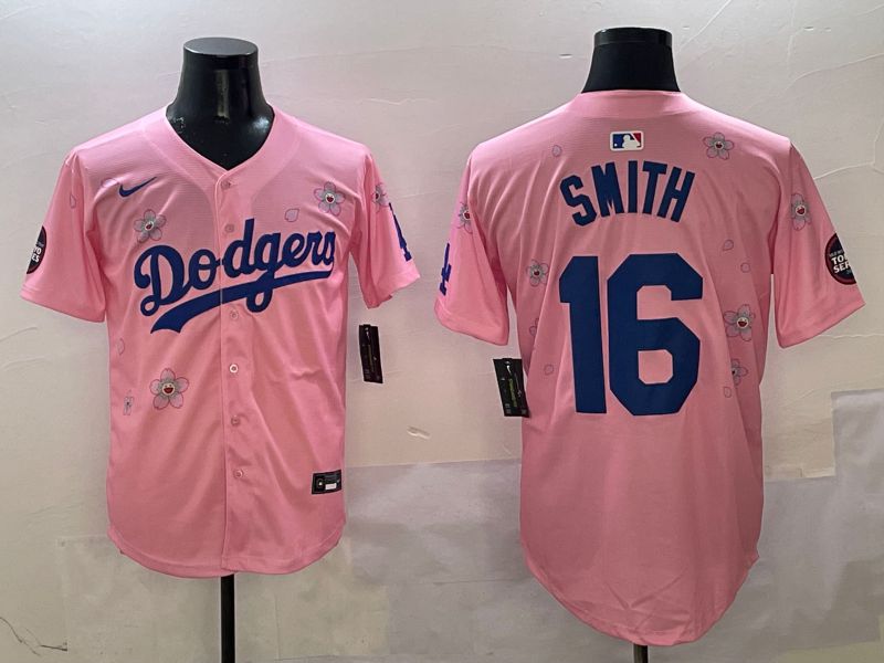Men Los Angeles Dodgers #16 Smith Pink Sakura Edition 2025 Nike MLB Jersey style 1